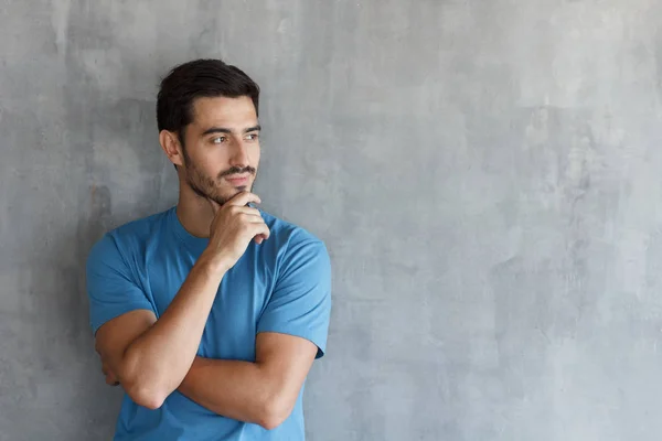 Closeup Portrait Young Caucasian Man Holding Chin Thinking Something Analyzing — Stock Photo, Image