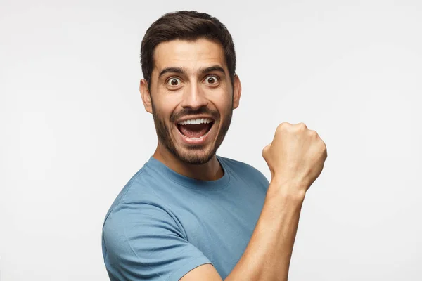 Screaming Soccer Fan Blue Shirt Celebrating Win His Team Raised — Stock Photo, Image