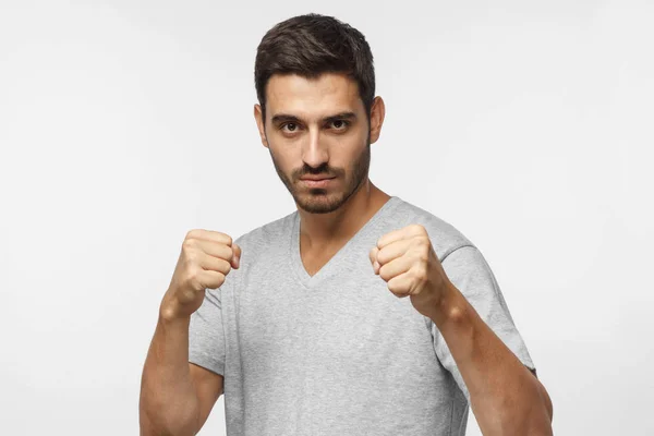 Confident Sporty Boxing Man Holding Fists Front Him Going Fight — Stock Photo, Image