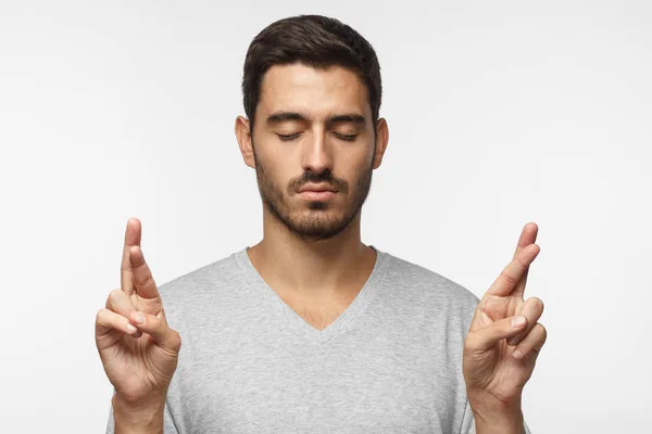 Young Man Looking Deeply Concentrated Eyes Closed Fingers Both Hands — Stock Photo, Image