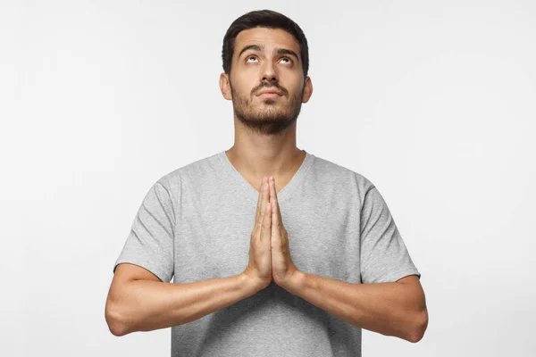 Younng Man Praying Hands Pressed Together Looking Upwards Asking God — Stock Photo, Image