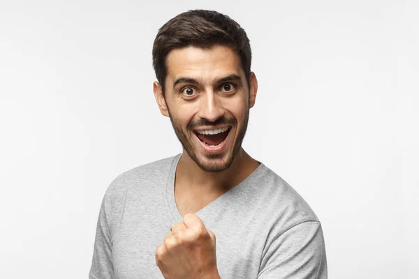 Emotional Male Celebrating Victory Acting Winner Raising Fist Deep Emotional — Stock Photo, Image