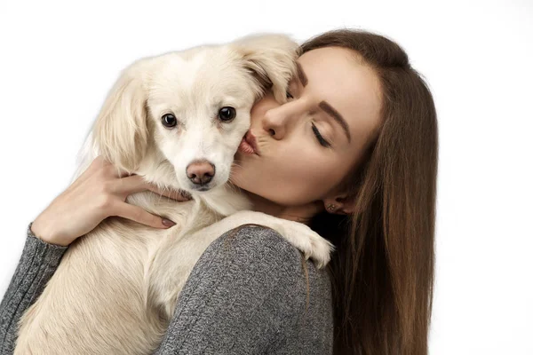 Primer plano retrato guapo joven mujer, besar a su buen amigo perro aislado fondo. Mujer alegre con mascota favorita. Personas y animales — Foto de Stock