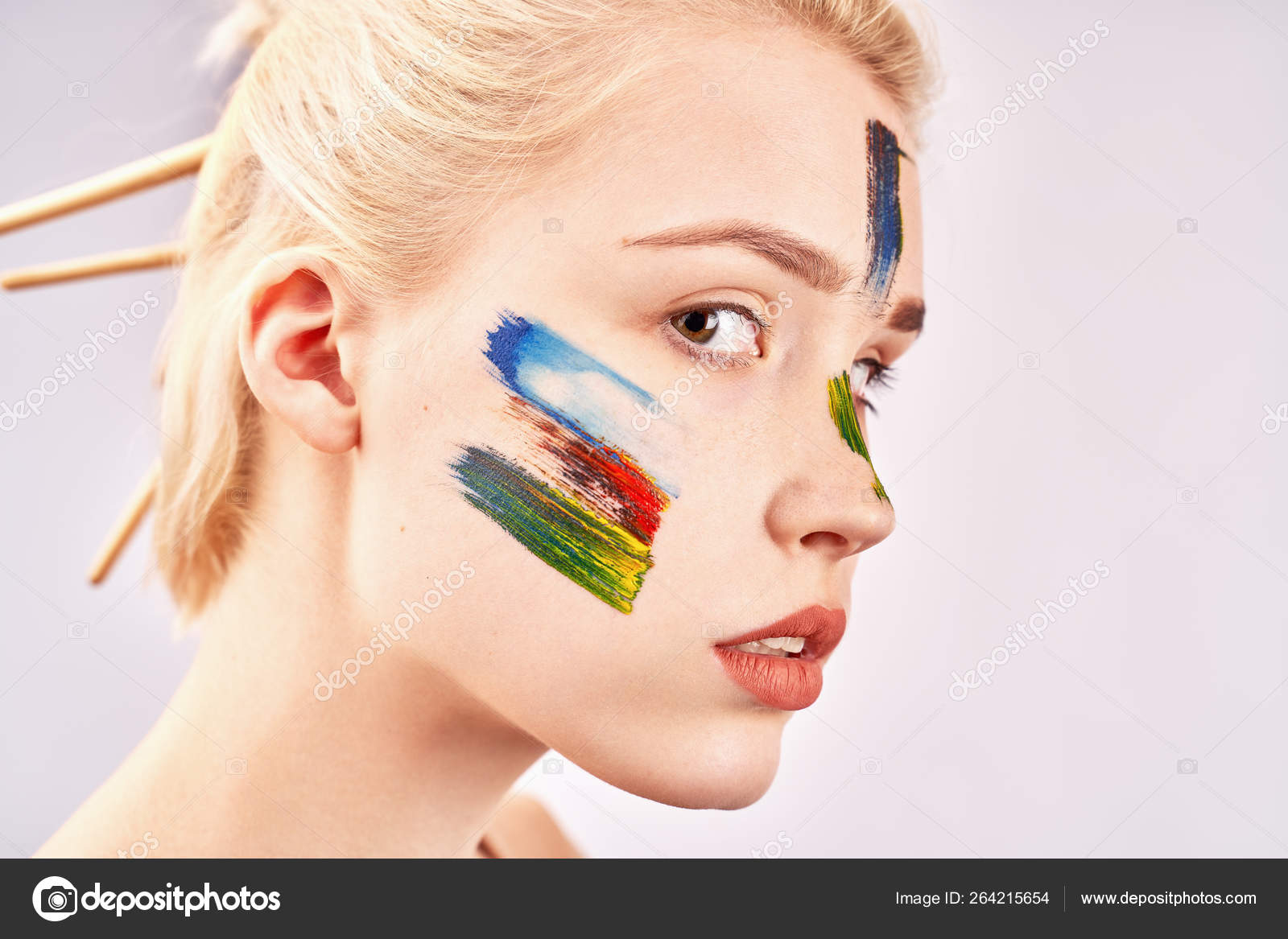 Large Profile Portrait Of Beautiful Woman Has Creative Hairstyle