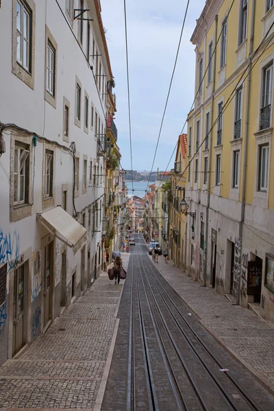 A view of the curvey city streets and tram tracks — Stock Photo, Image