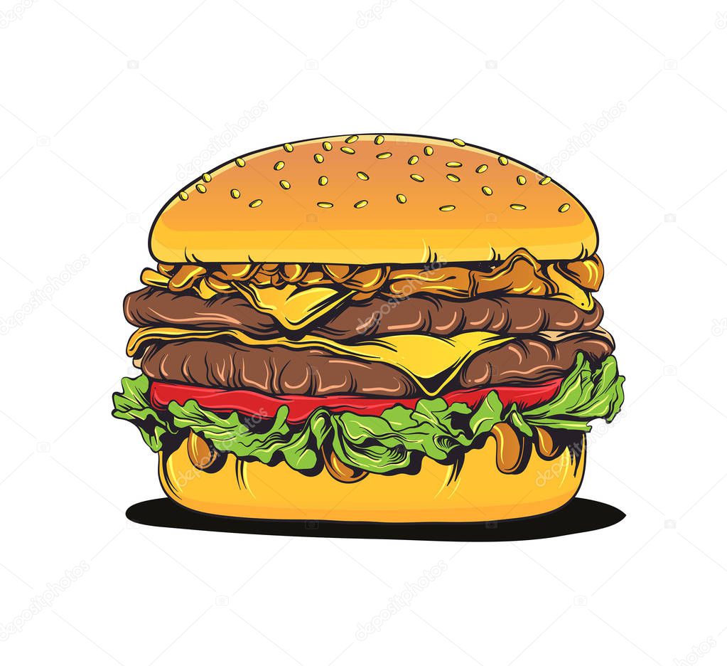 Hamburger in cartoon-style vector art, drawn in Illustrator.