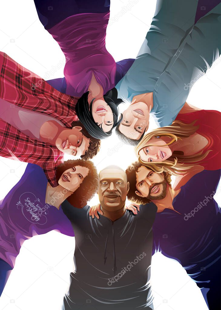 A vector illustration feathering people in various ethnicities, such as Caucasian, African, Mexican, and Asian hugging together in a circle with love, acceptable, and happiness.