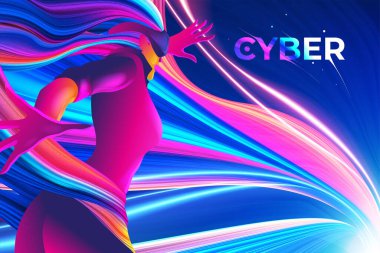 VR kulaklık takan bir kadının tema tasarımı vektör illüstrasyonunda dijital dünyaya girme deneyimi