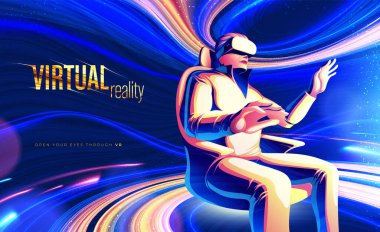 Sanal gerçeklik temalı tasarım. VR kulaklık takan ve dijital dünyayı vektör illüstrasyonunda deneyimleyen adam.