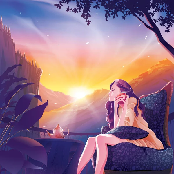 Beautiful Lady Relaxing Enjoying Her Coffee Balcony Mountain Scenery Vector — Stock Vector