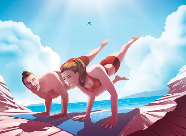 Illustration Vectorielle Couple Faisant Yoga Ensemble Dans Pose Eka Pada — Image vectorielle