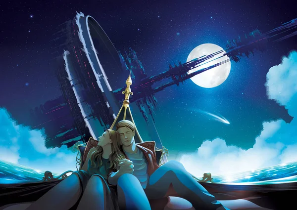 矢量图解 一对夫妇在夜间一起坐在贡多拉船上 背景是环绕地球的巨大的未来主义结构 — 图库矢量图片