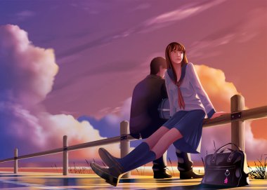 Anime tarzında vektör illüstrasyonu genç Japon öğrencilerin akşamları limanda birlikte dinlenmesi.