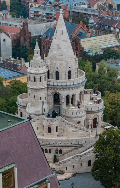 A picture of the Fisherman\'s Bastion as seen from the top of the nearby church (Budapest).