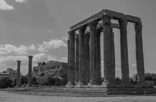 Black White Picture Temple Olympian Zeus Overlooking Acropolis Athens — Stock Photo, Image