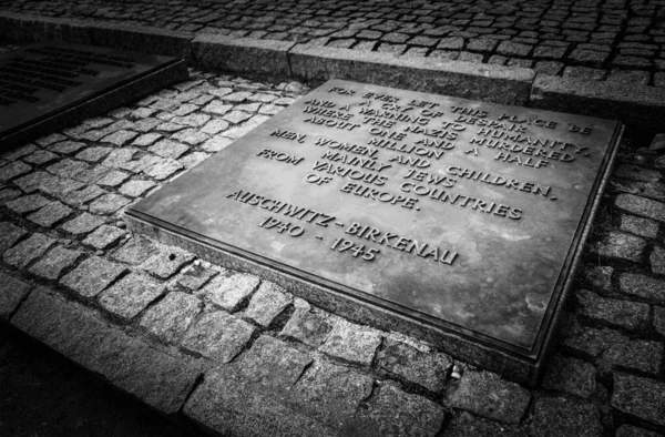 Black White Picture English Spoken Memorial Auschwitz Birkenau — Stock Photo, Image