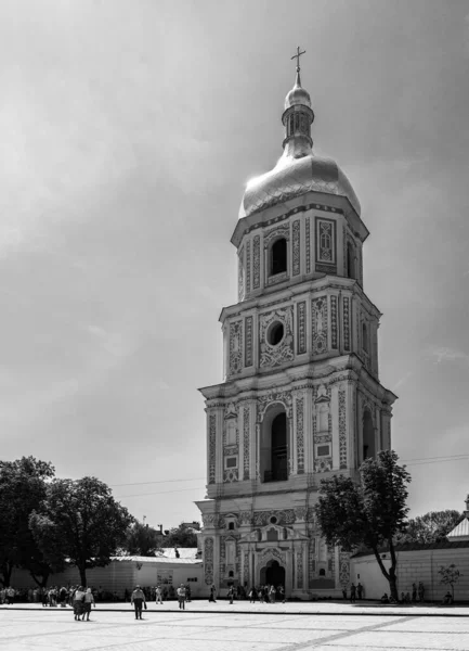A black and white picture of the bell tower of Saint Sophia\'s Cathedral.