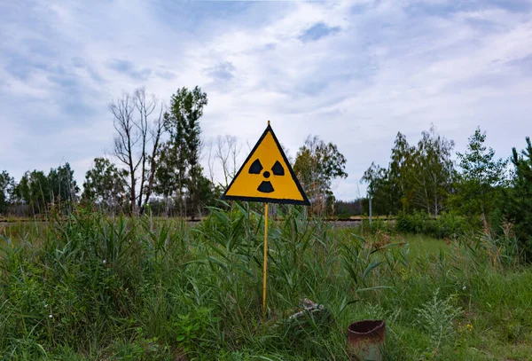 Czarno Biały Obraz Znaku Promieniowania Między Jakąś Roślinnością Pobliżu Czarnobyla — Zdjęcie stockowe