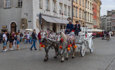 Krakow 'da turistleri taşıyan ikonik at arabalarının resmi..