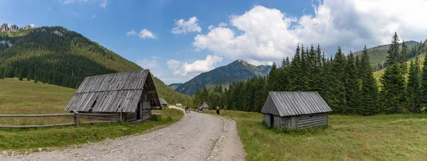 Panoramatický Obraz Dřevěných Chat Chocholowské Dolině Tatranský Národní Park — Stock fotografie