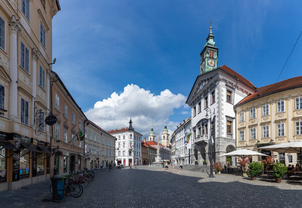 A panorama picture of the Town Square of Ljubljana.