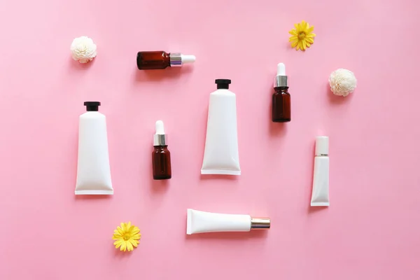 Flat Lay Various Organic Skincare Products Mock Minimal Style Pink — Stock Photo, Image