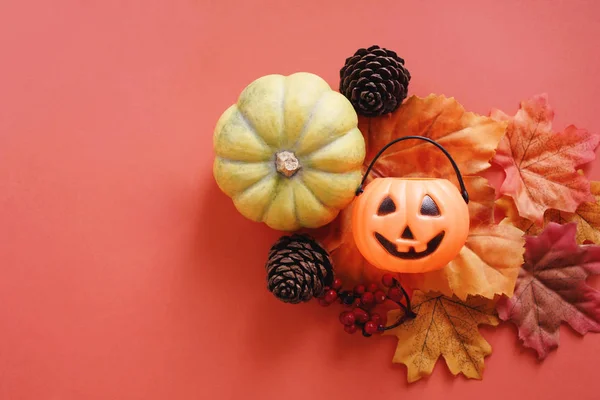 Flat Lay Jack Lantern Pumpkins Face Autumn Leaves Pine Cone — Stock Photo, Image