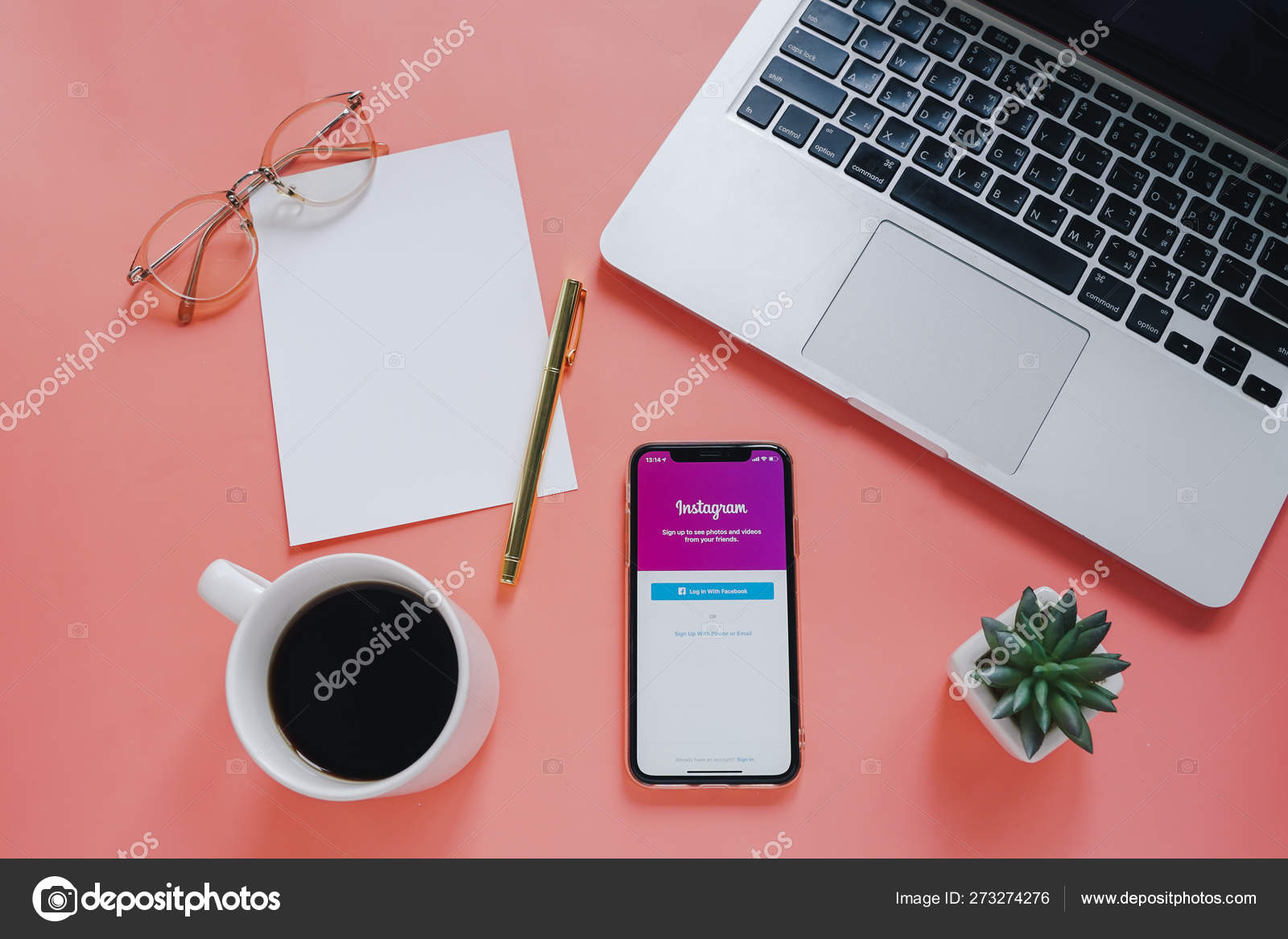 Flat Lay Workspace Desk Apple Iphone Instagram Application Screen