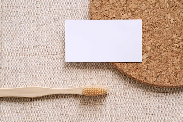 Flat Lay Branding Identity Business Name Card Bamboo Toothbrush Cork — Stock Photo, Image