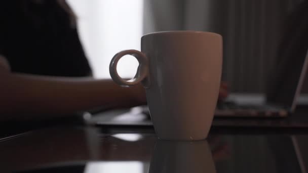 La mano femenina que teclea en el teclado del portátil — Vídeo de stock