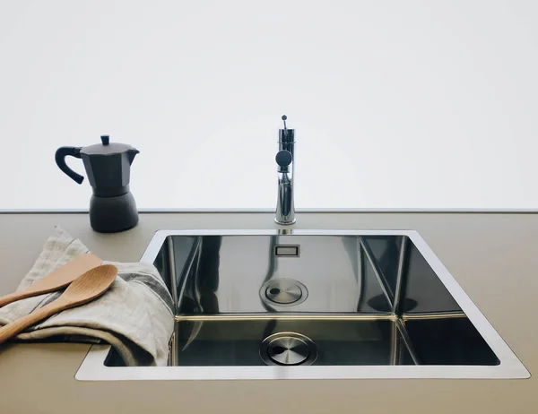 Modern Kitchen Sink Coffee Maker Morning Interior Design Apartment — Stock Photo, Image