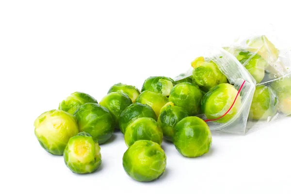 Plastic Bag Frozen Brussel Sprouts Isolated White Background Vegetable Preservation — Stock Photo, Image