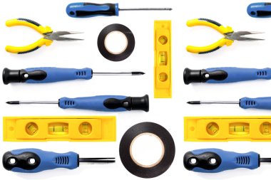 Variery araçlar için inşaat ve onarma. Beyaz arka plan, düz yatıyordu