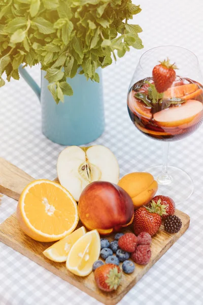 Summer Drink Fruit Cocktail White Wood Table Berries — Stock Photo, Image