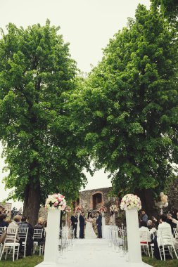 Düğün töreni düğün kemer ve sandalyeler parkta yeşil çimenlerin üzerinde.