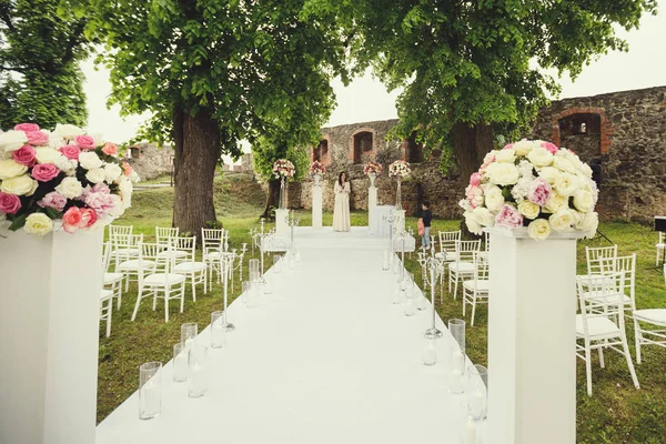 Arco Casamento Cadeiras Grama Verde Parque Decorações Cerimônia Casamento — Fotografia de Stock