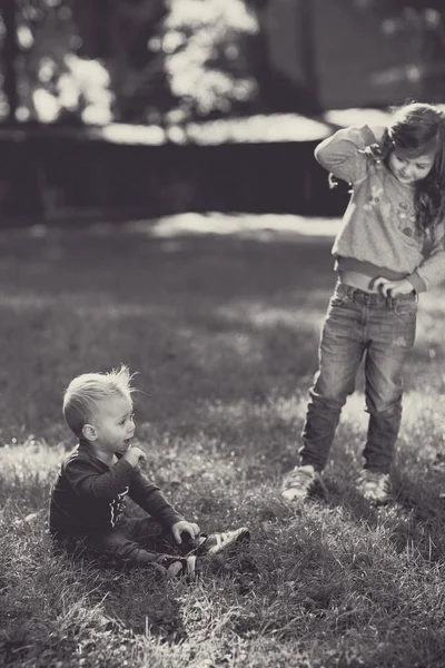 Happy Children Playing Green Grass Spring Park — Stock Photo, Image