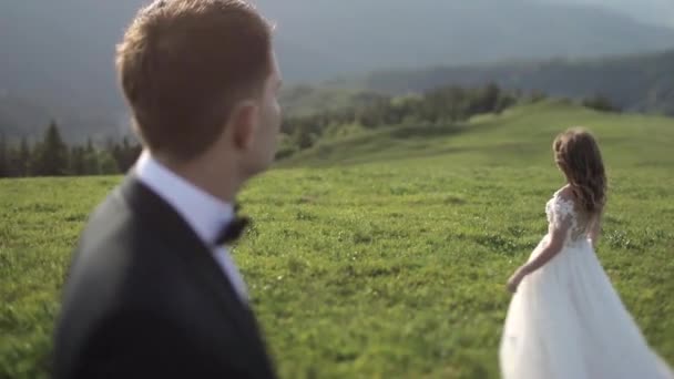 Ευτυχισμένος Πανέμορφη Νύφη Και Γαμπρός Στα Βουνά Καταπληκτική Θέα — Αρχείο Βίντεο