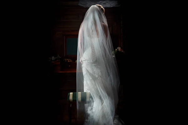 Portrait of  bride woman with veil  near mirror