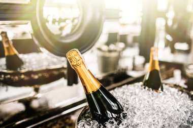 Şişe şampanya soğutucu arka plan üzerinde.