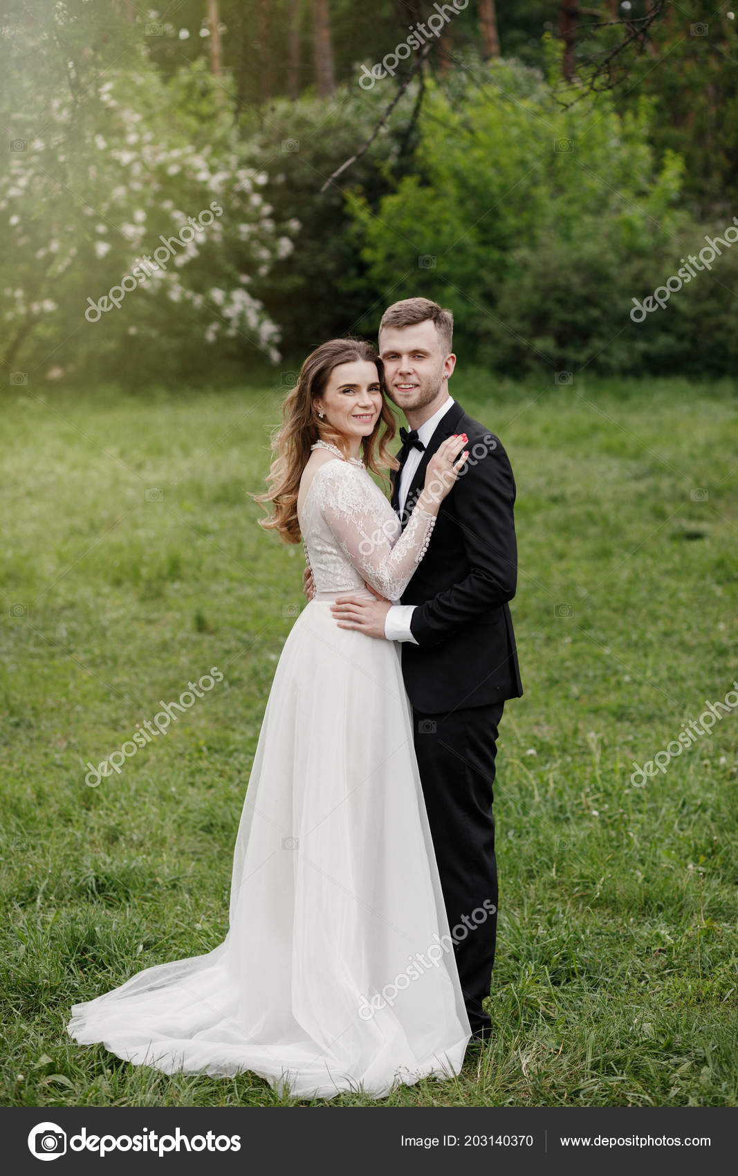 Happy Wedding Couple Stylish Bride Bearded Groom Posing Wedding