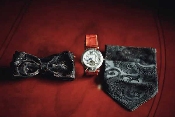 Man's style. Men's Accessories : Men's butterfly and tie ,watch.Close up