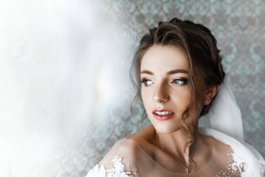 Sabah hazırlıklar. Güzel gelin portresi. Genç güzel gelin closeup portresi.