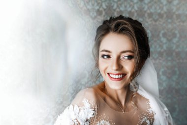 Sabah hazırlıklar. Güzel gelin portresi. Genç güzel gelin closeup portresi.