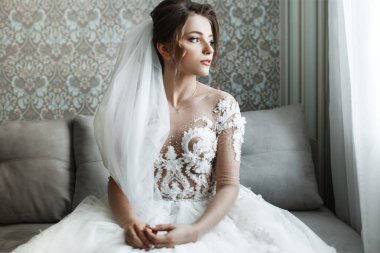 Portre genç muhteşem gelin portresi. Güzel gelin, sabah hazırlıklar portresi.