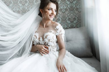 Portre genç muhteşem gelin portresi. Güzel gelin, sabah hazırlıklar portresi.