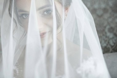 Portre genç muhteşem gelin portresi. Güzel gelin, sabah hazırlıklar portresi.