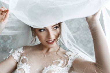 Portre genç muhteşem gelin portresi. Güzel gelin, sabah hazırlıklar portresi.