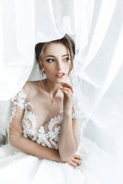 Portre genç muhteşem gelin portresi. Güzel gelin, sabah hazırlıklar portresi.