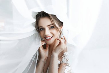 Portre genç muhteşem gelin portresi. Güzel gelin, sabah hazırlıklar portresi.